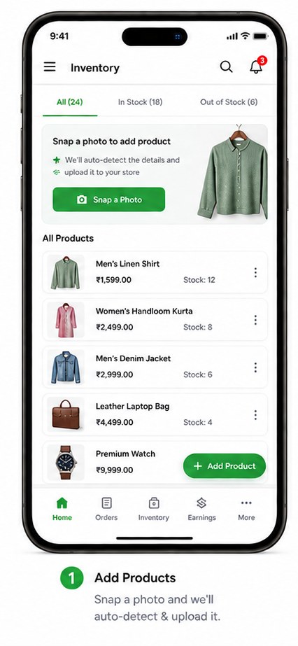 Add products — snap a photo and we auto-detect & upload it